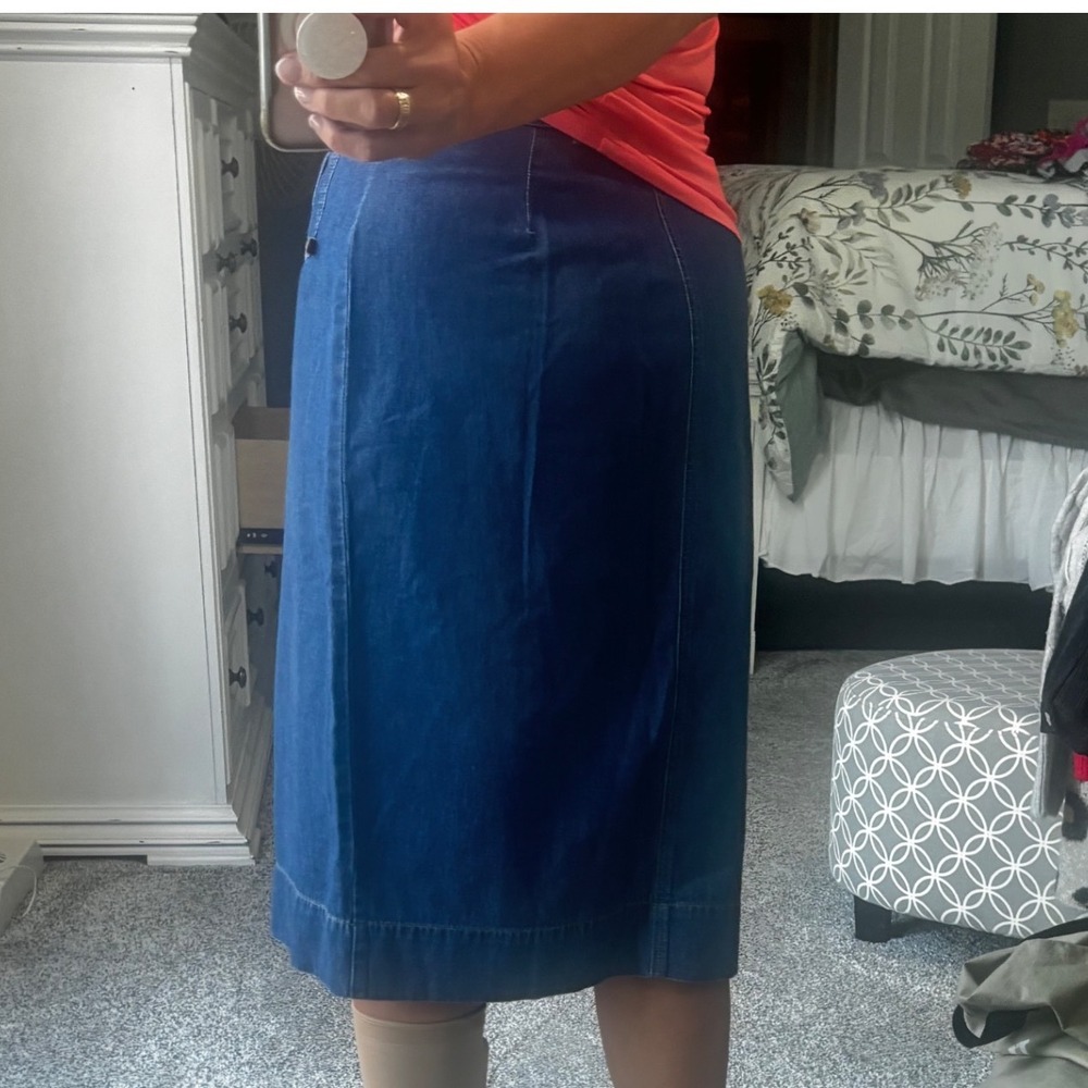 Liz Claiborne Vintage Denim Midi Jean Skirt Belted Pleated A-Line size medium